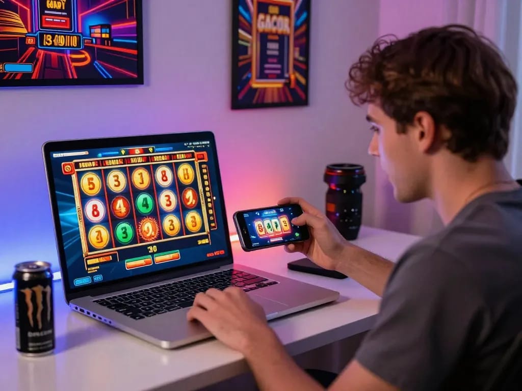 Pemain antusias menikmati permainan slot gacor di smartphone di tengah grafis kasino yang ceria, menunjukkan kegembiraan dalam lingkungan perjudian online yang menawan.