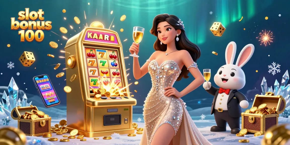 Engage with slot bonus 100 at a vibrant casino scene featuring lively characters and immersive game elements.