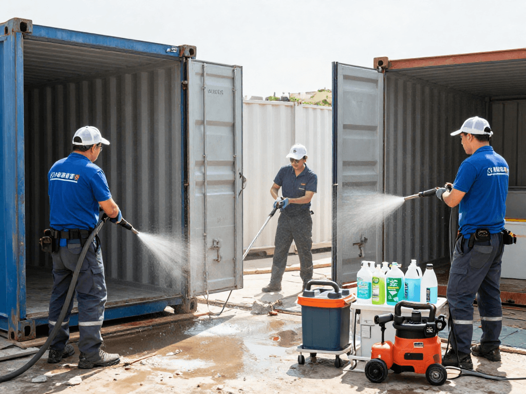 Containerreinigung auf einer Baustelle: Ein Team reinigt professionelle Container für Hygiene und Sauberkeit.