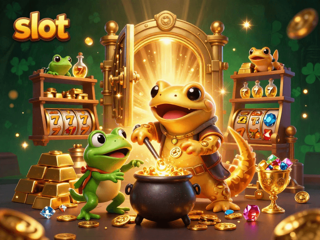 Spin the slots with vibrant symbols alongside alchemical treasures in this captivating 3D scene.