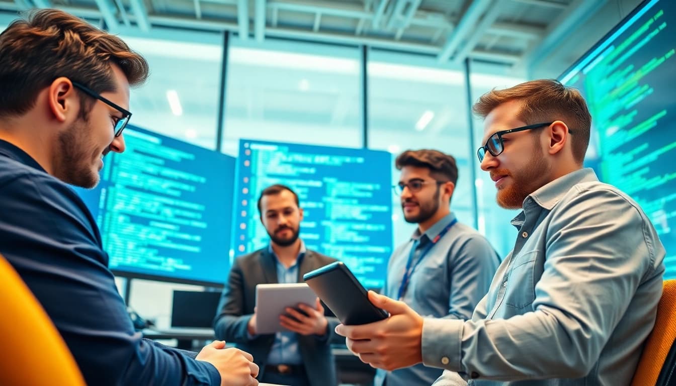 Developers working on AI Software solutions in a collaborative office environment.