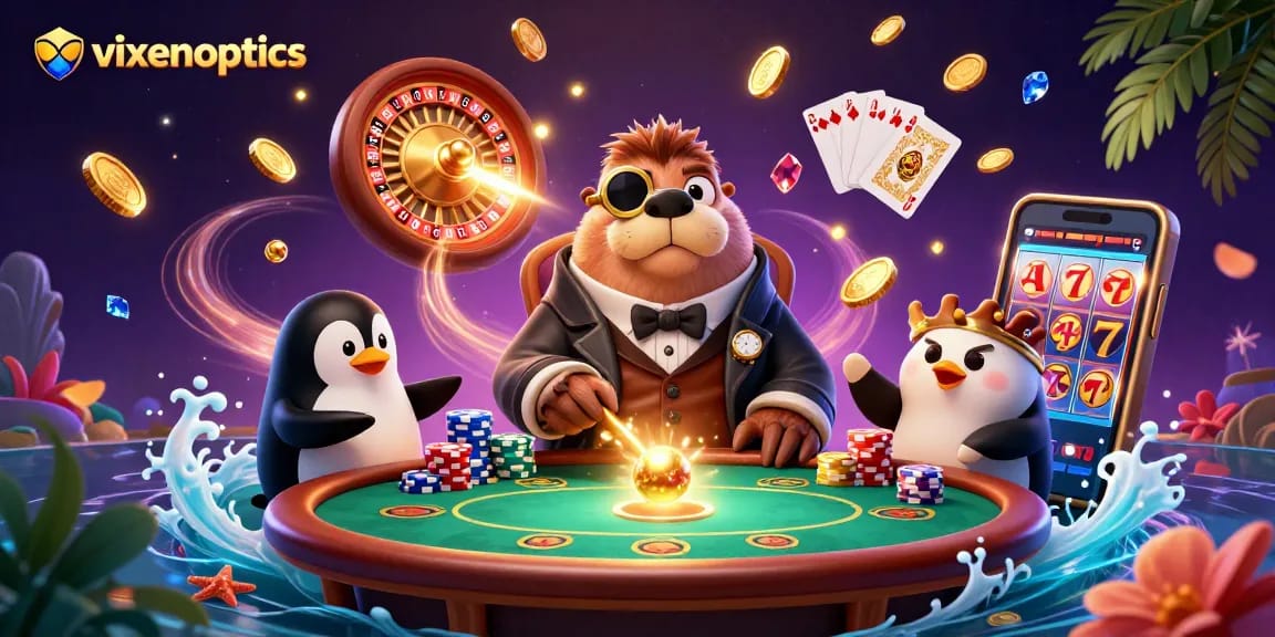 Vixenoptics showcases a whimsical underwater casino scene with a walrus, penguin, and pufferfish players having fun.