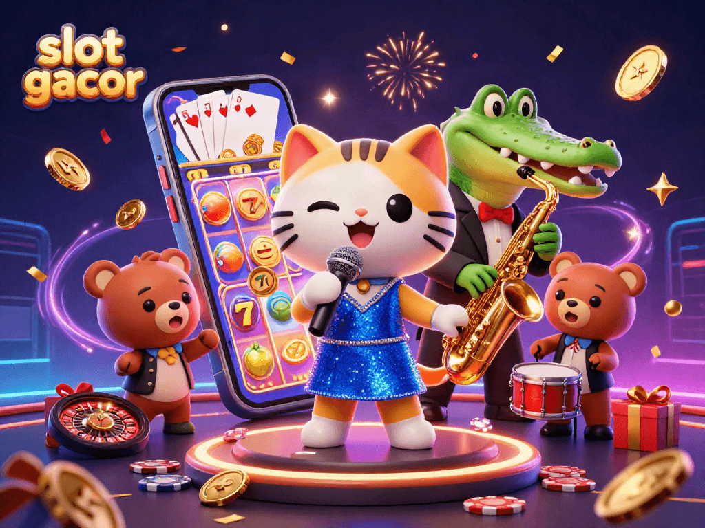 Engage in the colorful "slot gacor" experience with a lively 3D illustration featuring characters and dynamic casino elements.