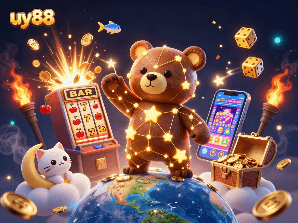 Experience the thrill of uy88 with a constellation bear, coins, and a jackpot explosion!