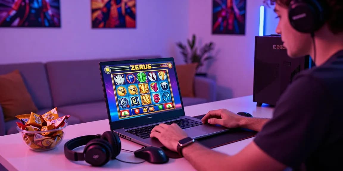 Exciting Zeus Slot gaming experience on a laptop in a cozy room.
