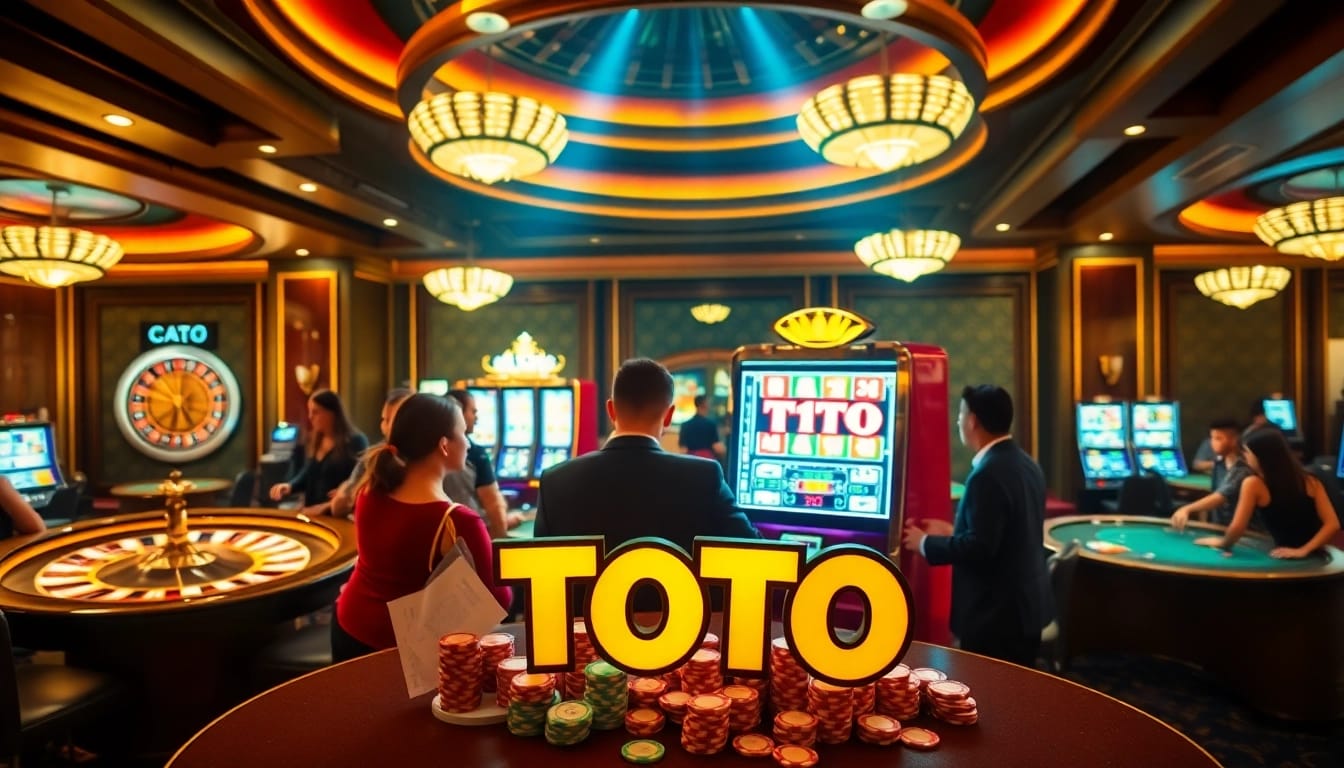 Engage with thrilling action around a toto slot machine in a luxurious casino setting.