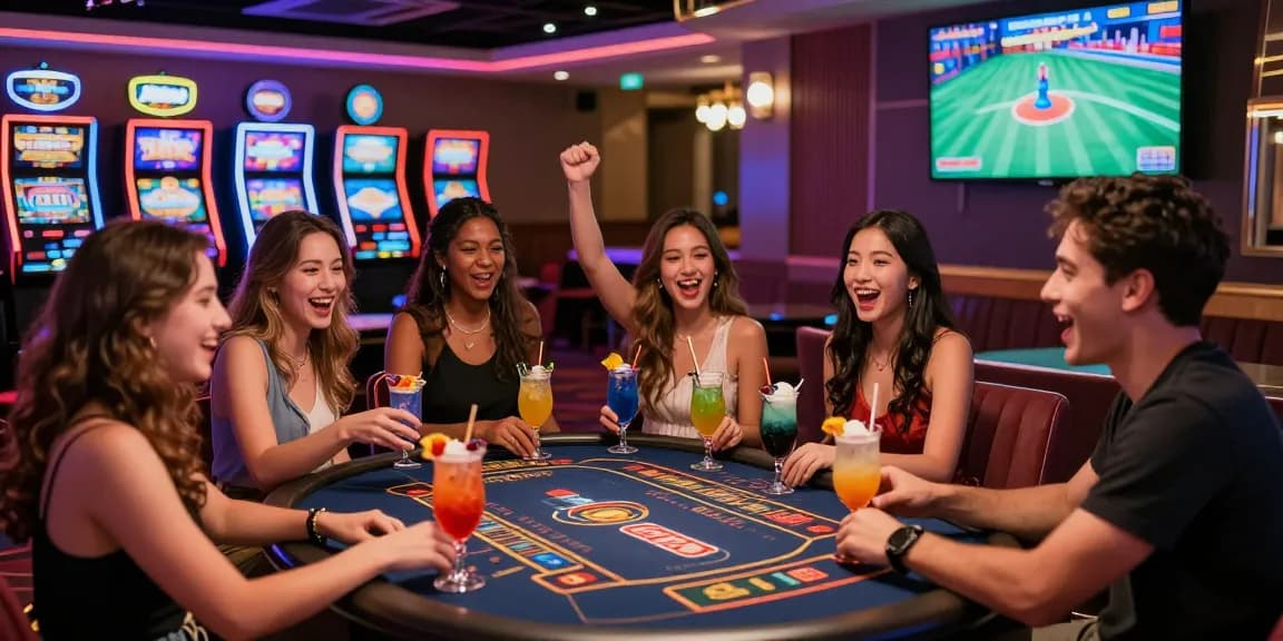 Friends celebrating at a casino bar, engaging with rokok88 daftar gaming experience amidst vibrant surroundings.