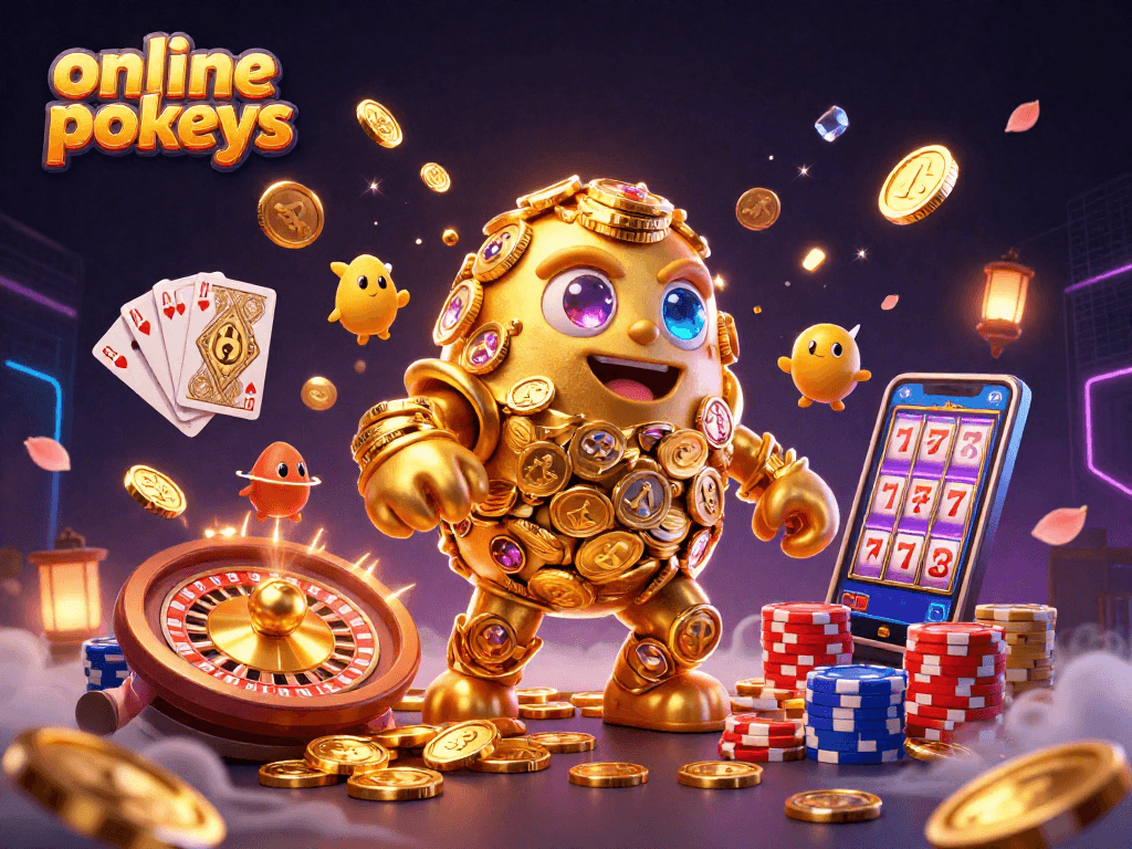 Experience exciting online pokies with ancient golden golem surrounded by coins and gems!