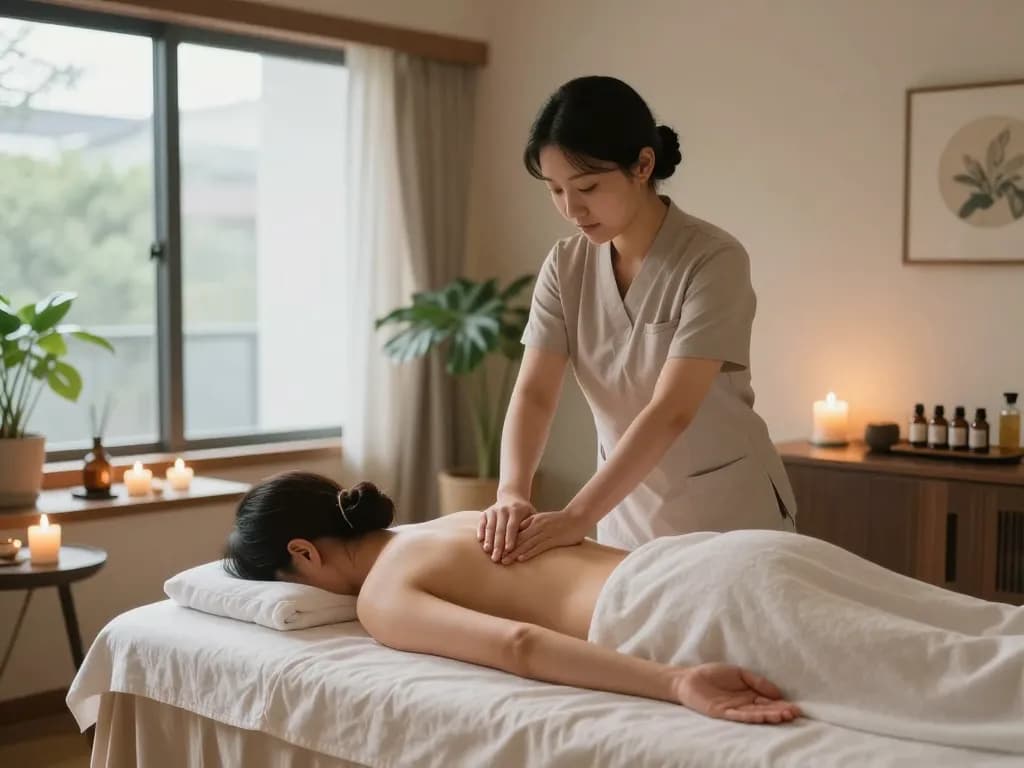 A soothing Yeoksam-dong massage scene showcasing a Swedish massage session with a therapist and relaxing ambiance.