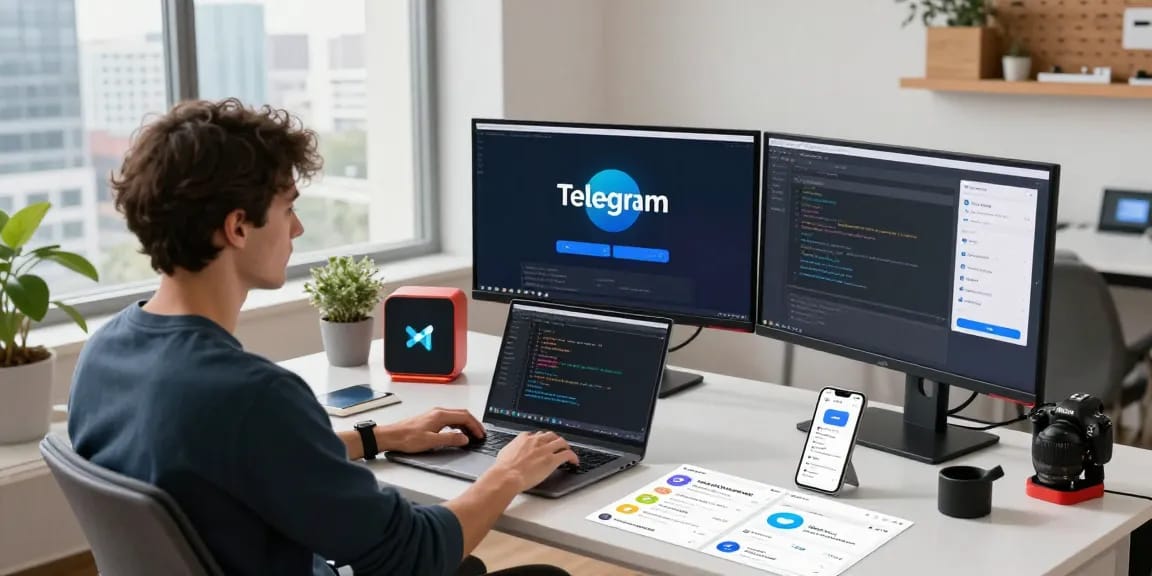 Configuring telegram中文 settings on multiple monitors in a vibrant tech workspace.