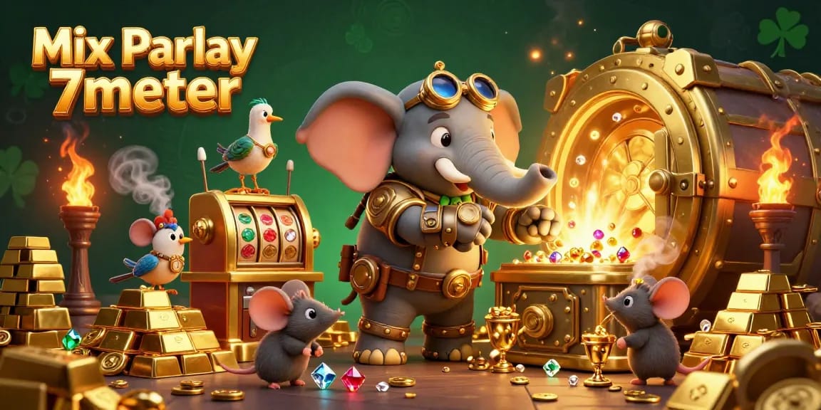 Engage in thrilling Mix Parlay 7meter action with a unique steampunk casino scene featuring an elephant engineer.
