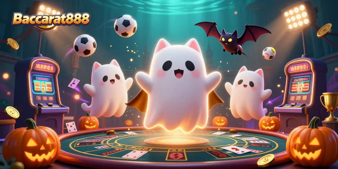 Experience engaging Baccarat888 gaming action with a friendly ghost cat and bat in a vibrant casino.