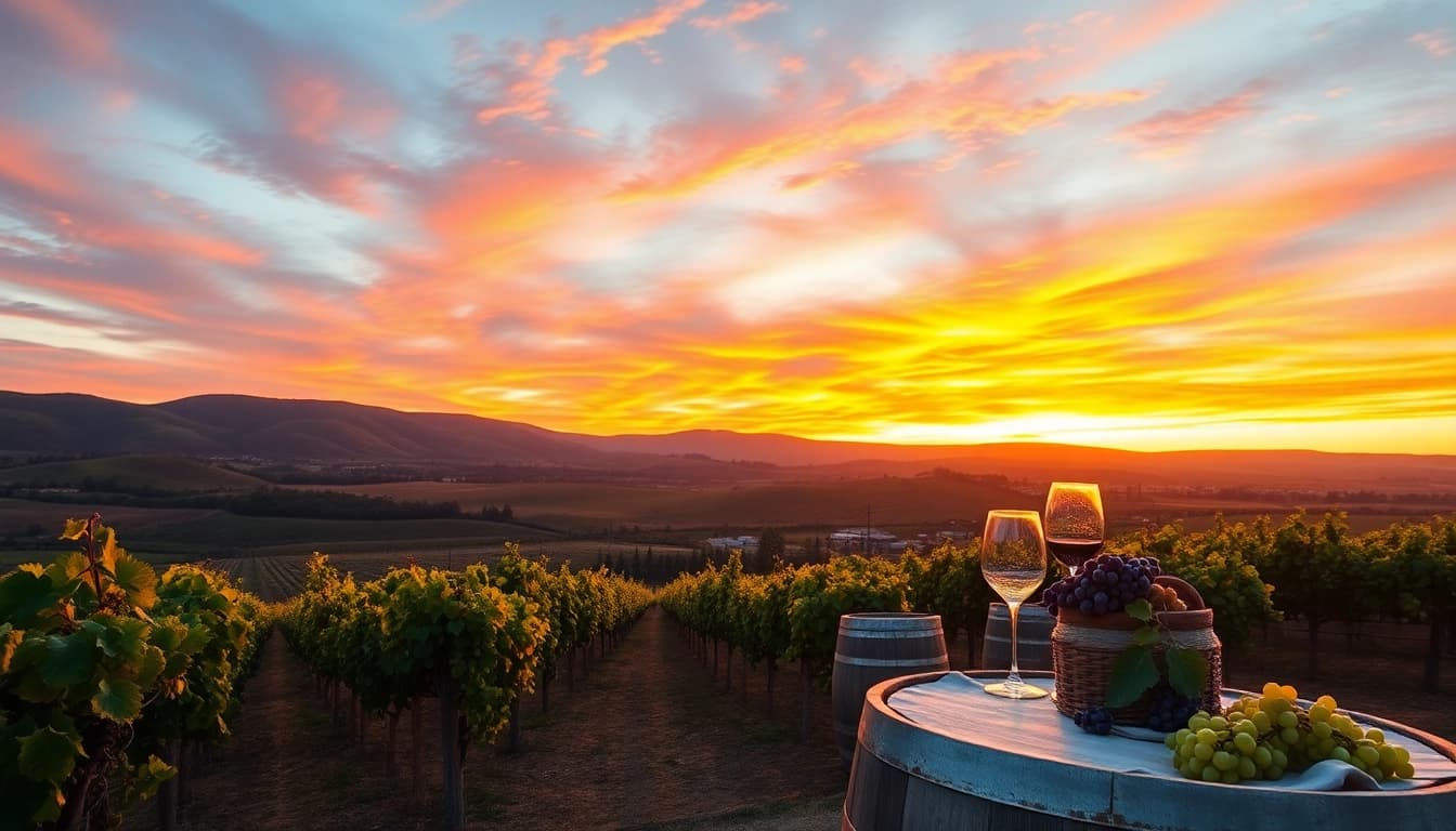 Experience the beauty of wineries in Clarksburg, featuring vibrant vineyards at sunset.