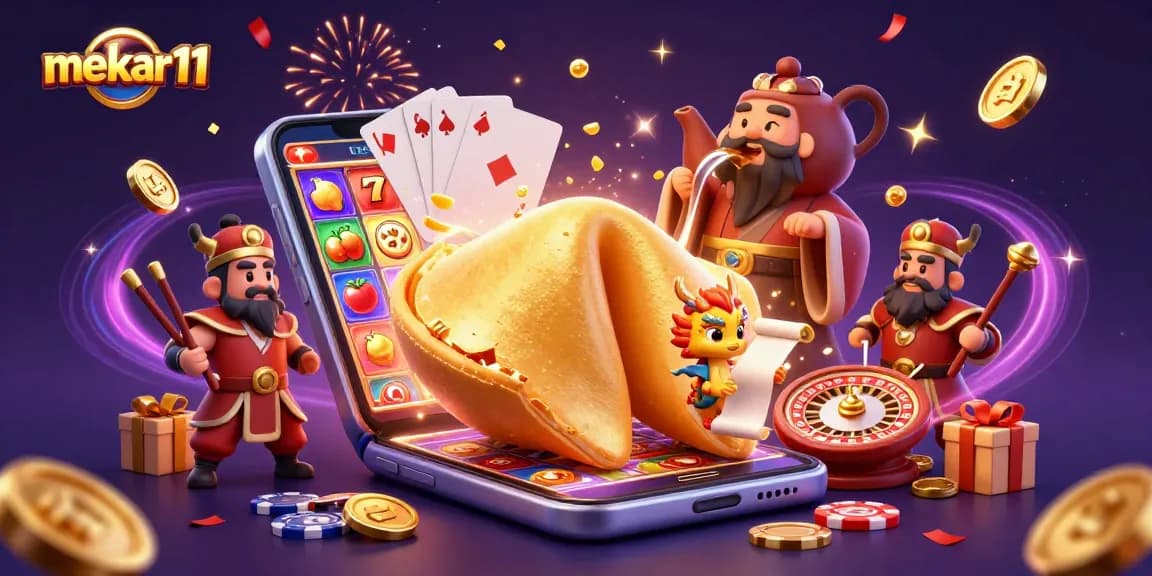 Mekar11 attracts players with a vibrant 3D illustration featuring gaming elements and a whimsical scene.