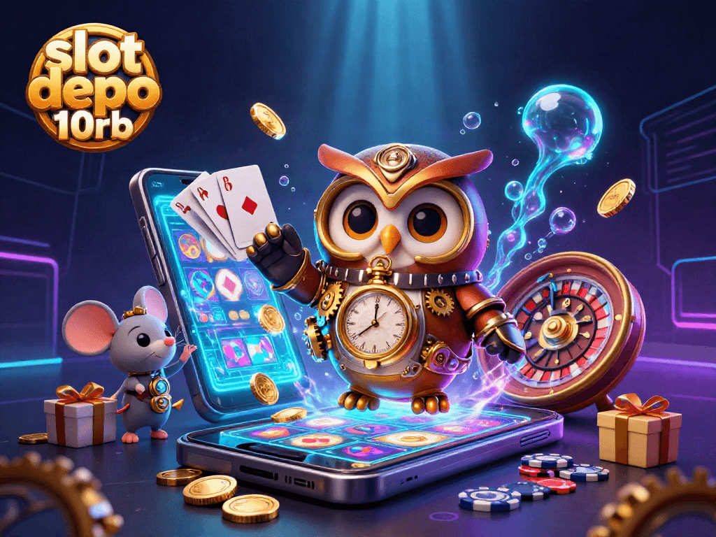 Engage with slot depo 10rb in a vibrant casino scene featuring a time-traveler owl and dynamic gaming elements.