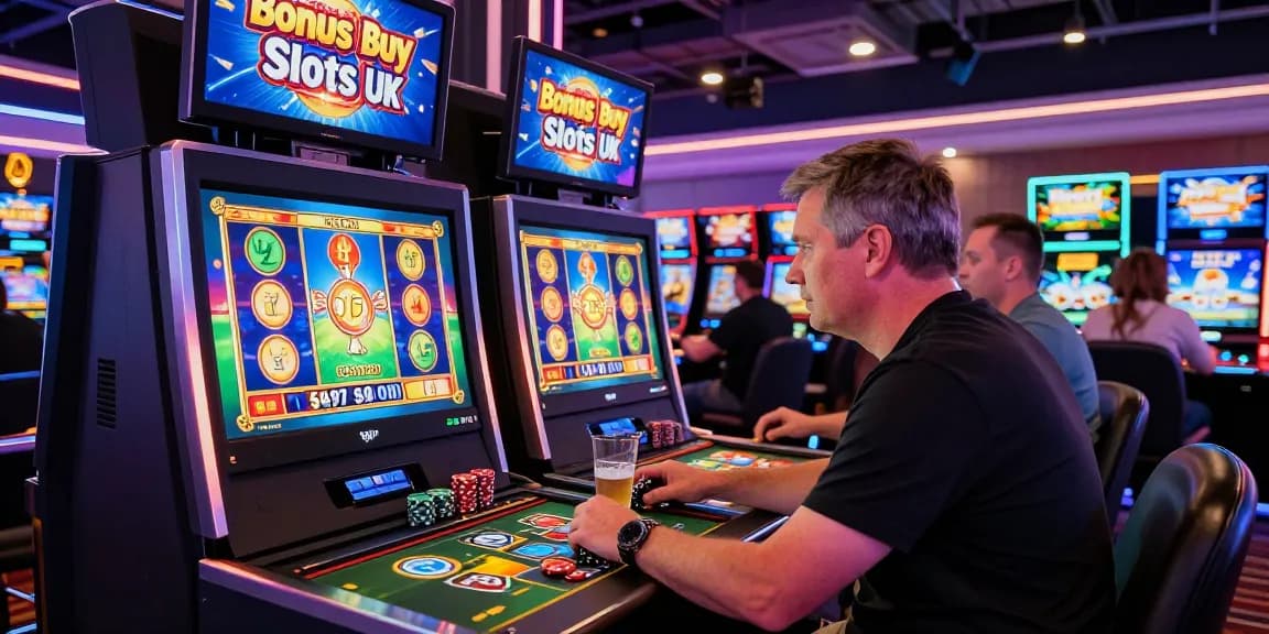 Engaged player enjoying Bonus Buy Slots UK gameplay in a vibrant casino atmosphere.