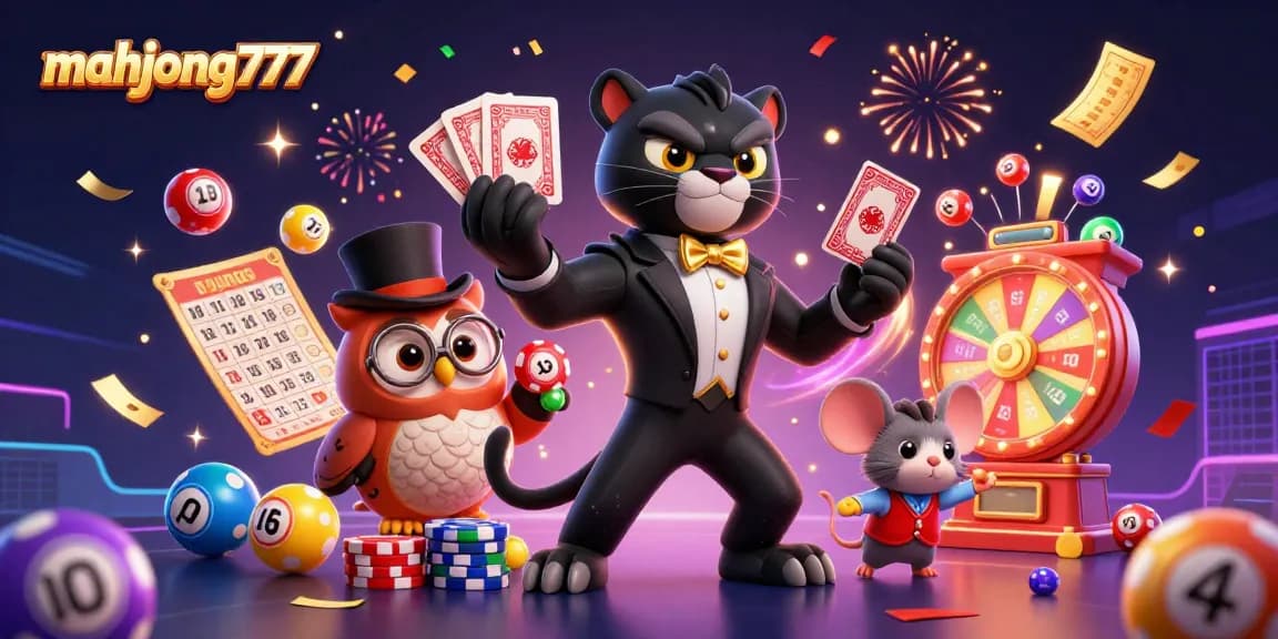 Experience the excitement of mahjong777 with a stylish panda dealer and vibrant game elements in an immersive casino setting.