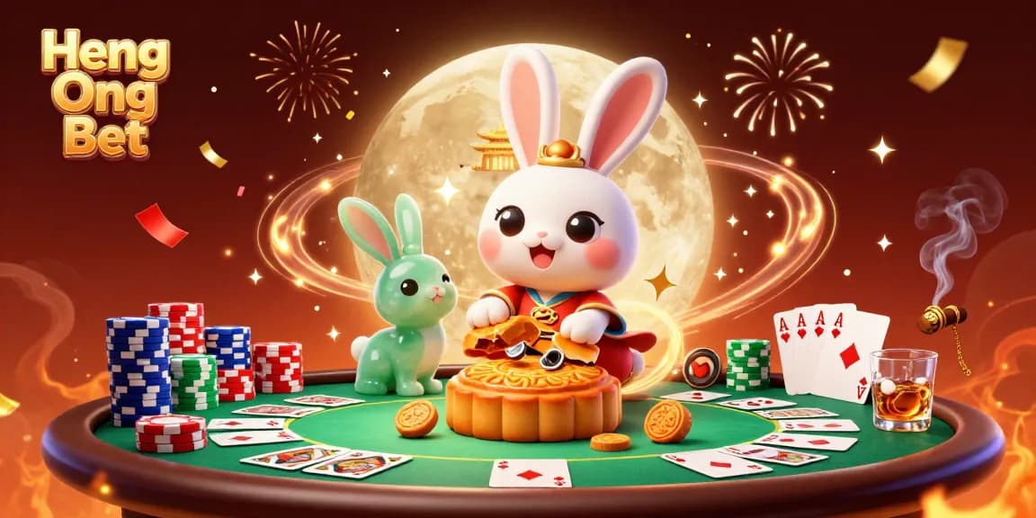 Experience the thrill of Heng Ong Bet with a dynamic casino-themed lunar illustration featuring poker elements.