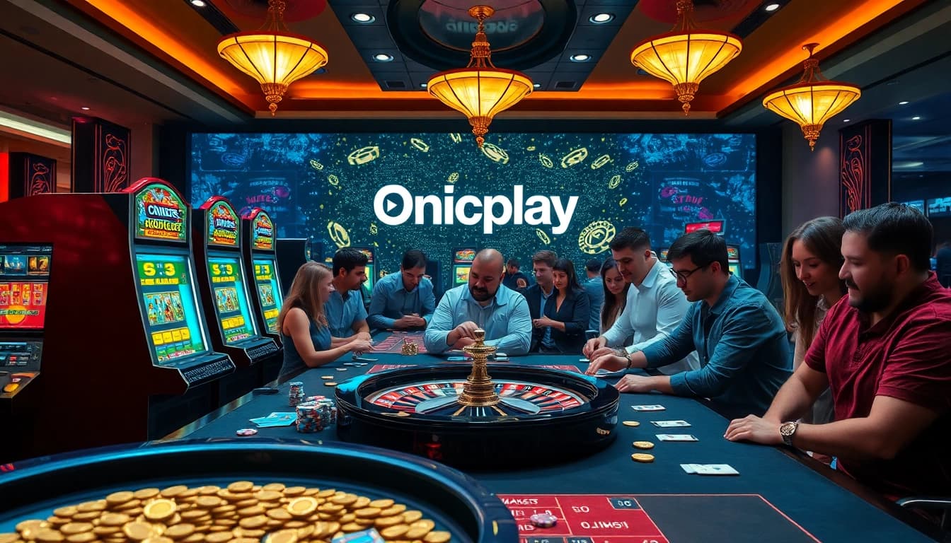 Players enjoying slot machines and casino games at Onicplay, showcasing excitement and entertainment.