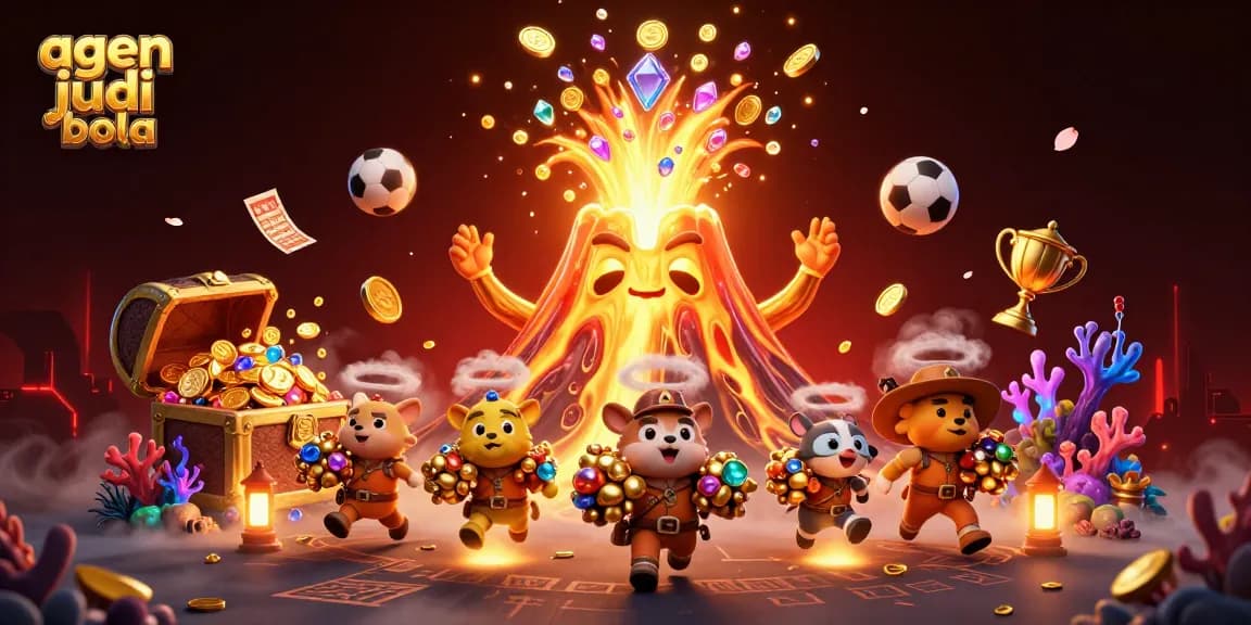 Experience thrilling agen judi bola action with a vibrant 3D visual of sports betting elements and treasure.