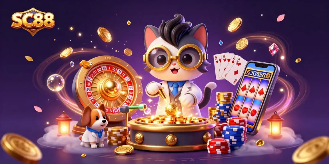 Experience thrilling moments at SC88 with wild scientist and dog amidst golden casino luck.