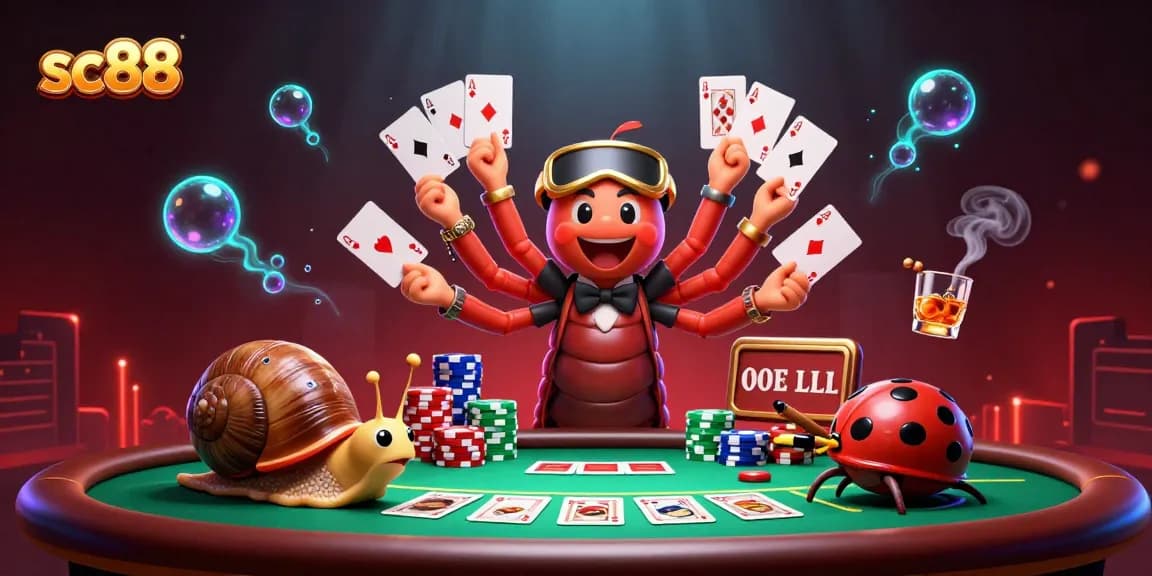 sc88 showcases an exciting poker scene with a millipede dealer and high-roller snail