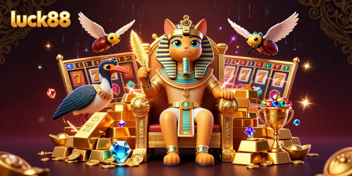 Play exciting slot games with luck88 featuring a golden pharaoh cat and treasure-filled scene.
