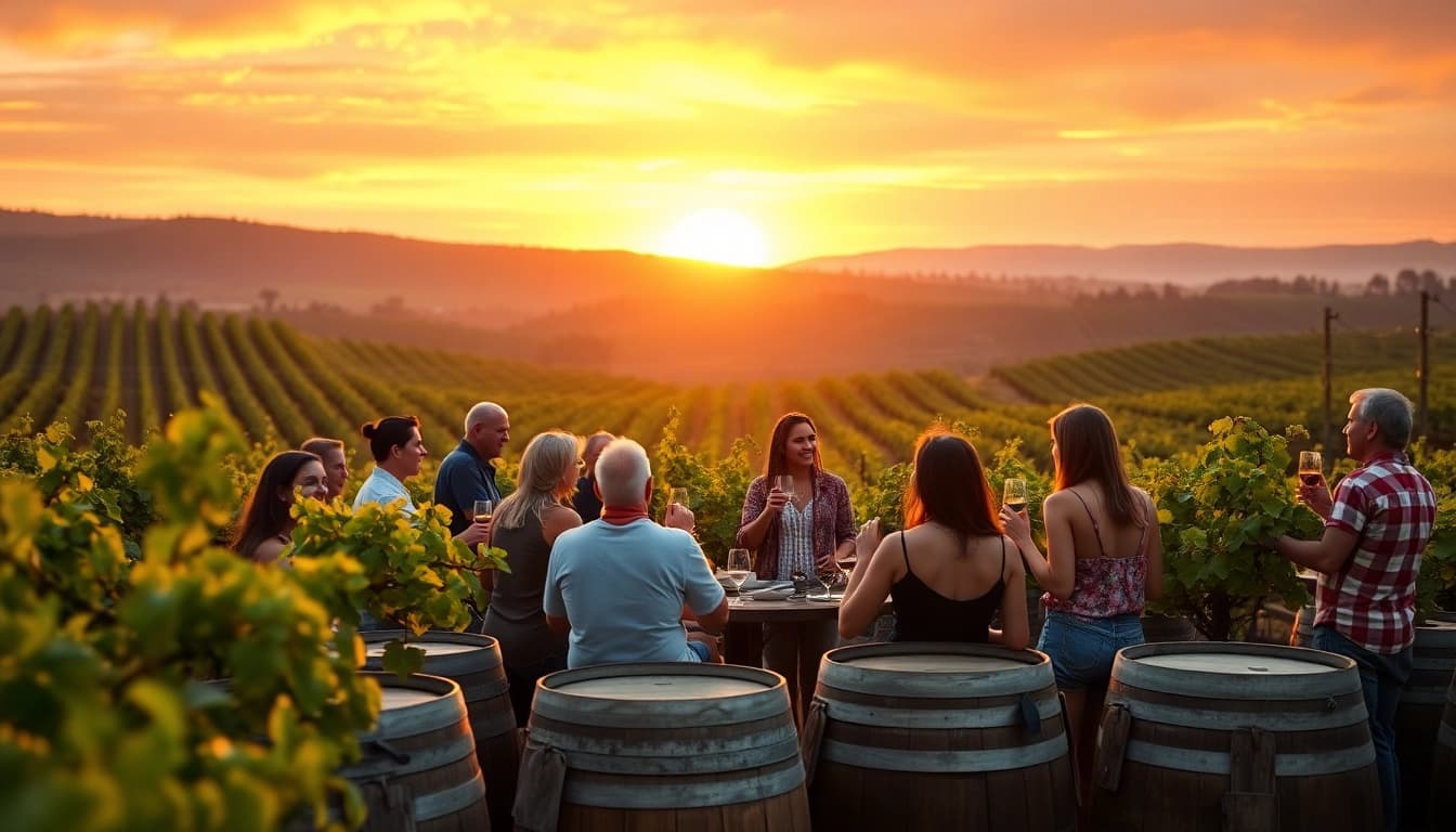 Experience the beauty of wineries in Clarksburg with friends enjoying a wine tasting amidst lush vineyards.