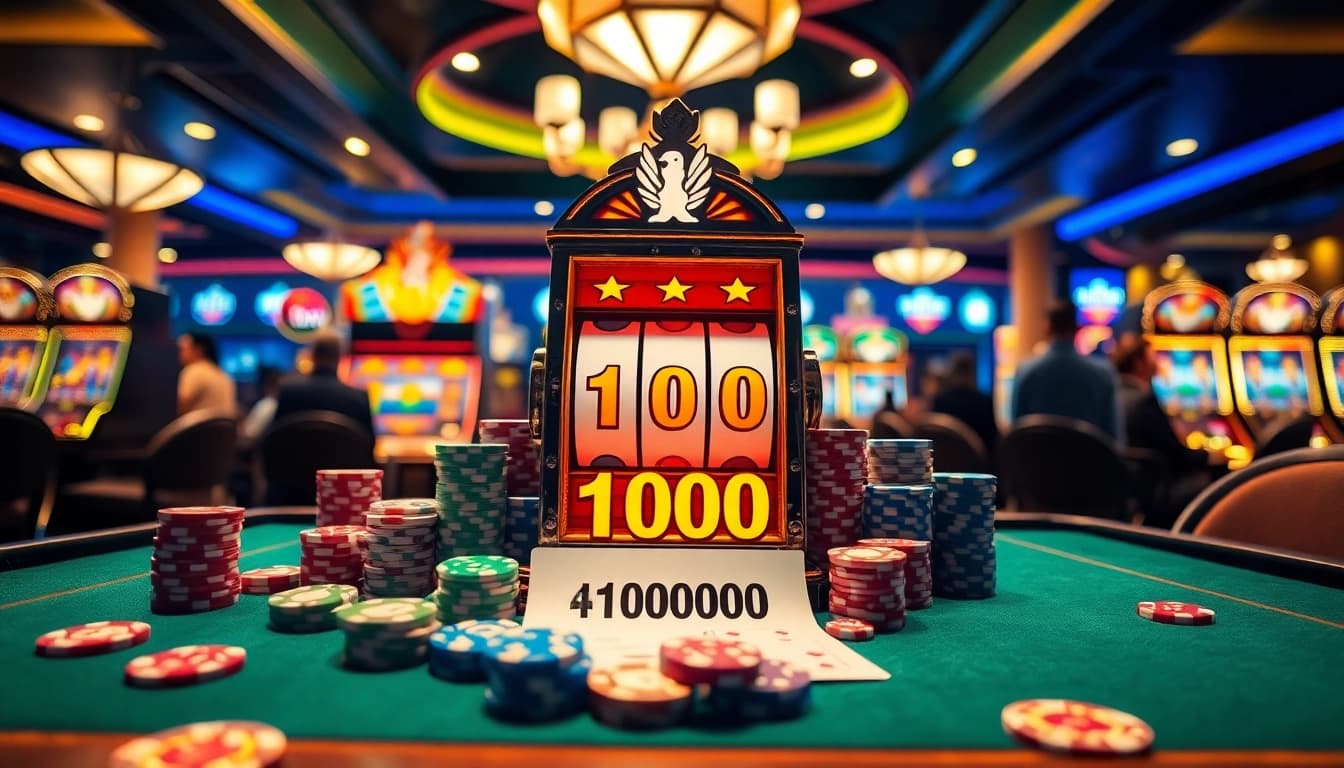 Experience the thrill of playing slot depo 1000 with a vibrant casino scene showcasing lively slot machines and colorful poker chips.