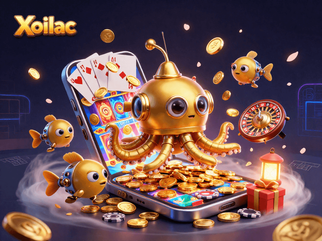 Xoilac enhances gameplay with an engaging 3D scene featuring a golden kraken and dynamic casino elements.
