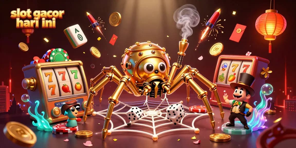 Experience excitement with slot gacor hari ini as the steampunk spider catches dice in a vibrant casino setting.