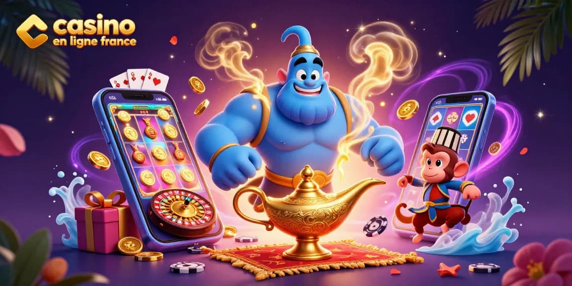 Jouez dans un casino en ligne France avec cette illustration magique d'un génie, un singe et des jeux d'argent.