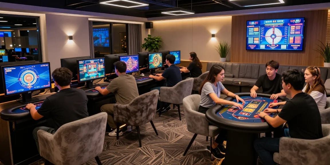 Players enjoying interactive games at MBM娛樂城 gaming lounge, showcasing vibrant atmosphere and modern design.