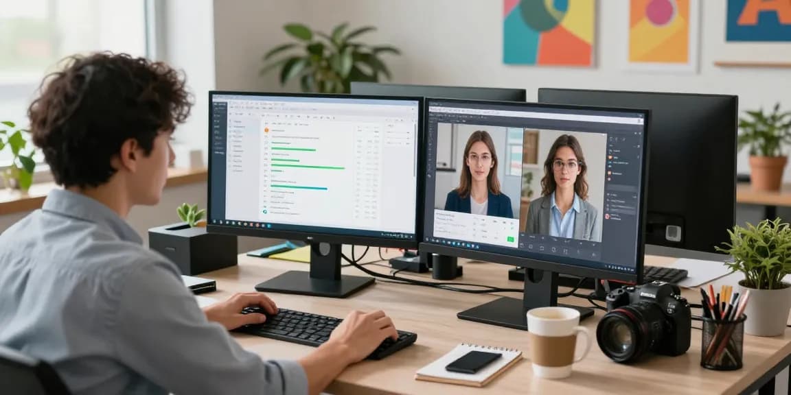 AI image detector analysis in a modern workspace with dual monitors displaying results.