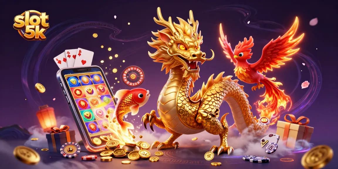 Spin the reels and win with slot 5k, featuring a golden dragon and phoenix in a dynamic casino scene.