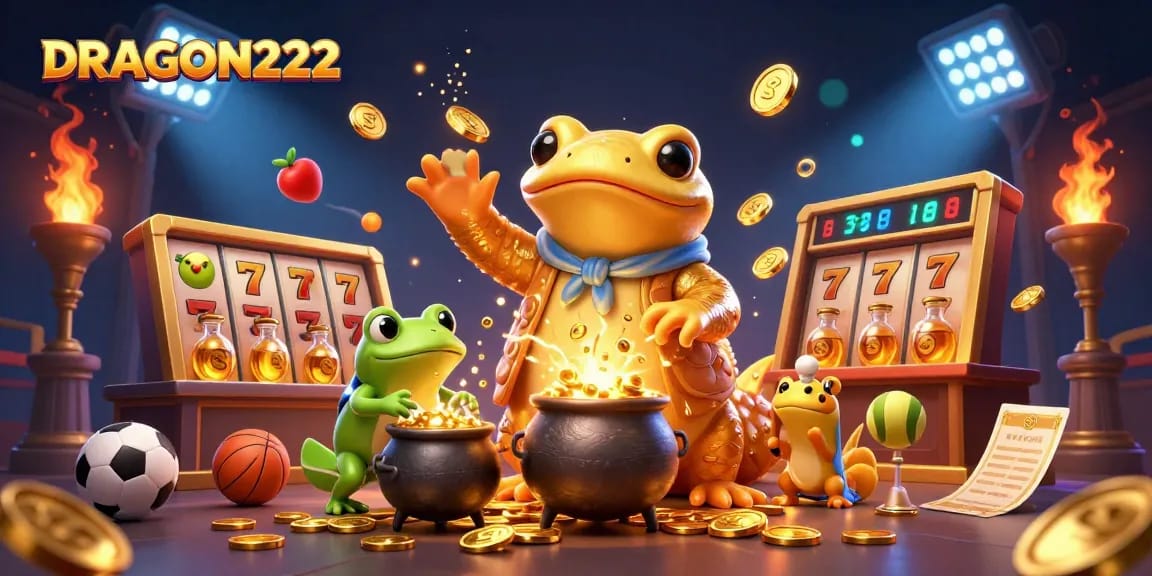 DRAGON222 engages players with an exciting scene of dynamic slot reels and vibrant gold elements.