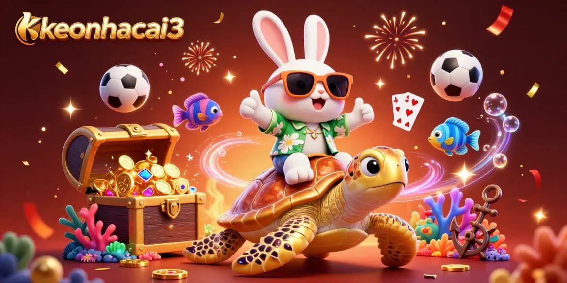 Experience thrilling moments with keonhacai3 as the lucky rabbit rides a golden turtle in a vibrant sports betting scene.