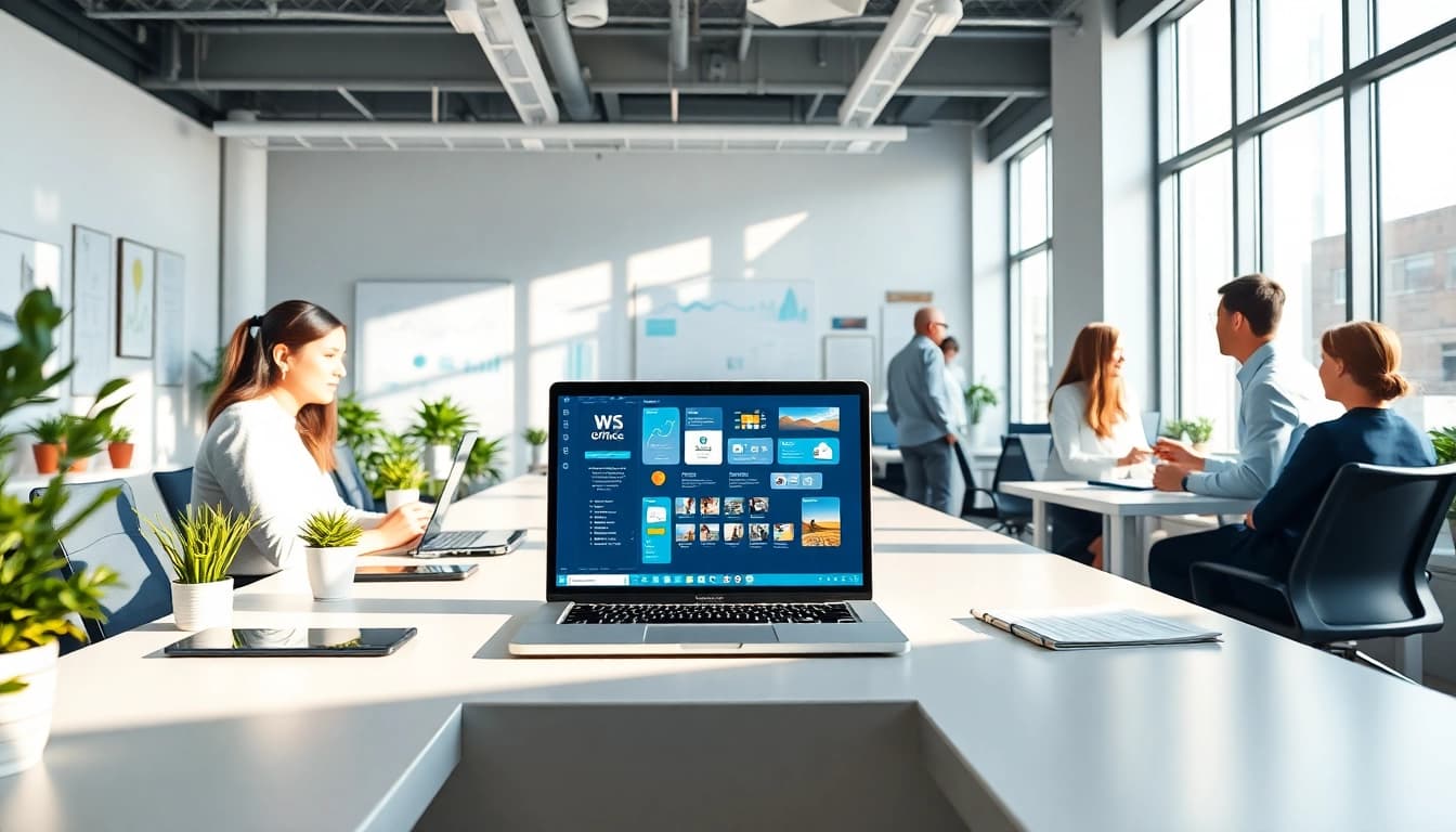 Optimize your workflow with wps下载 featuring a professional office scene and diverse team collaboration.