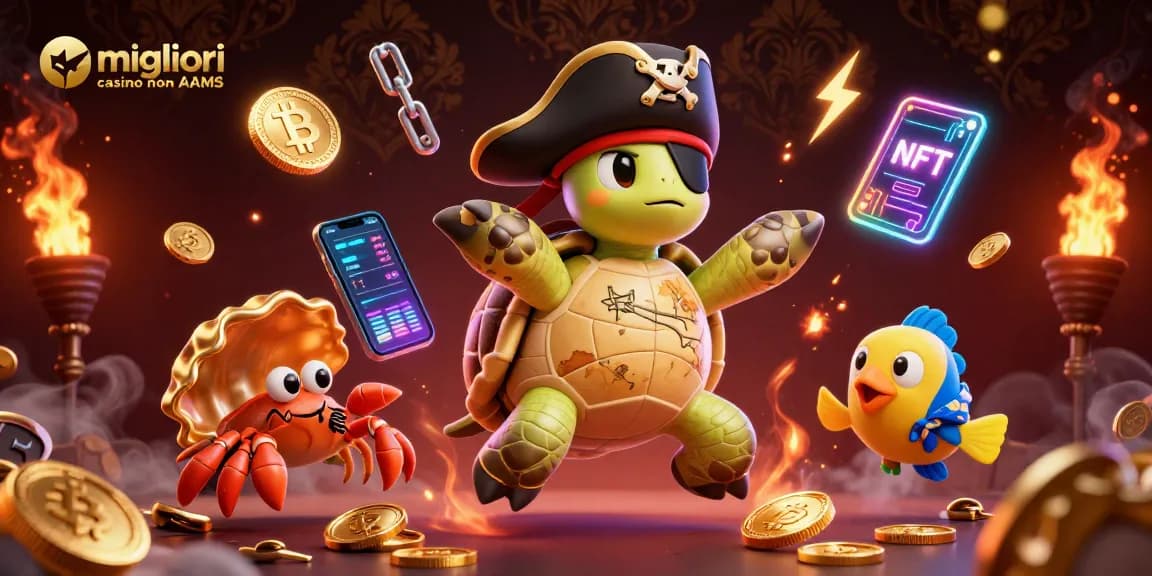 Scopri i migliori casino non AAMS con l'illustrazione di una tartaruga pirata e tesori sommersi.