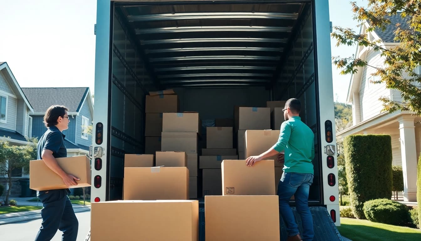 The Vancouver moving company team efficiently loads boxes into a truck during a sunny move.