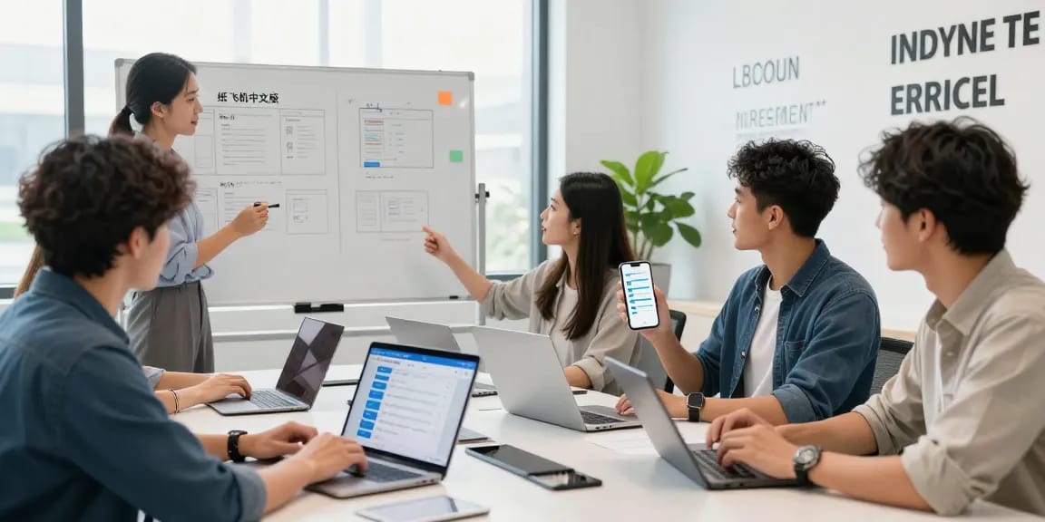Collaboration around 纸飞机中文版 app design in a modern office
