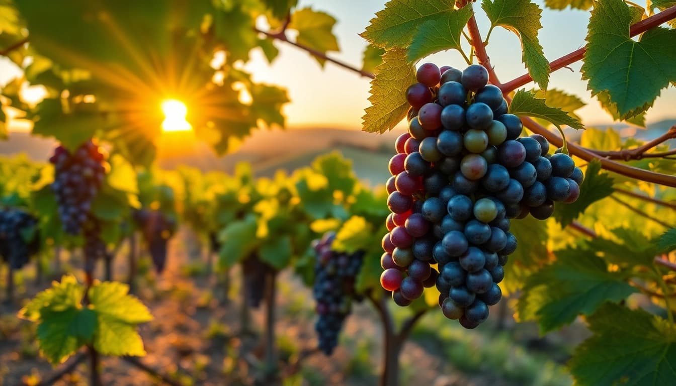 Discover the beauty of Clarksburg wines with sun-drenched grape vines cascading in a serene vineyard.