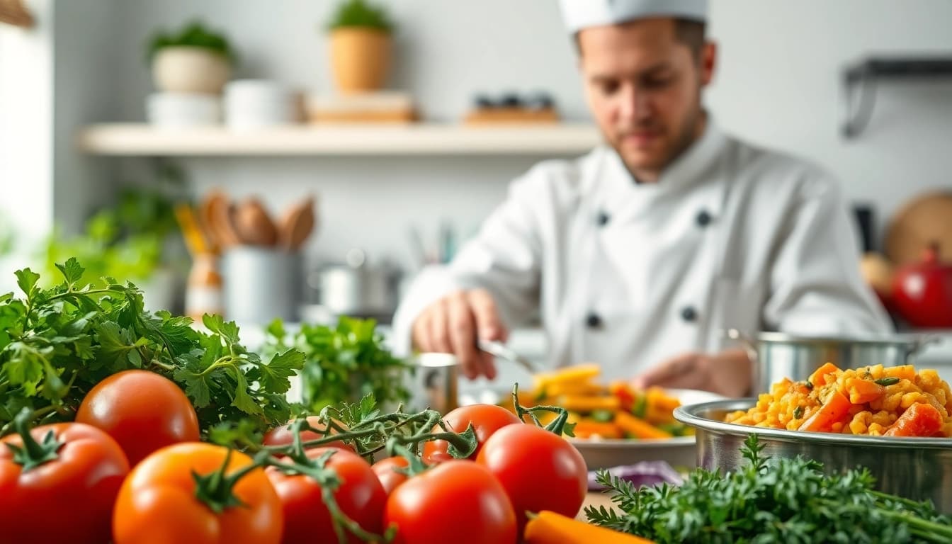 Prepare delicious dishes at dishfacts with a skilled chef in a vibrant kitchen setting.