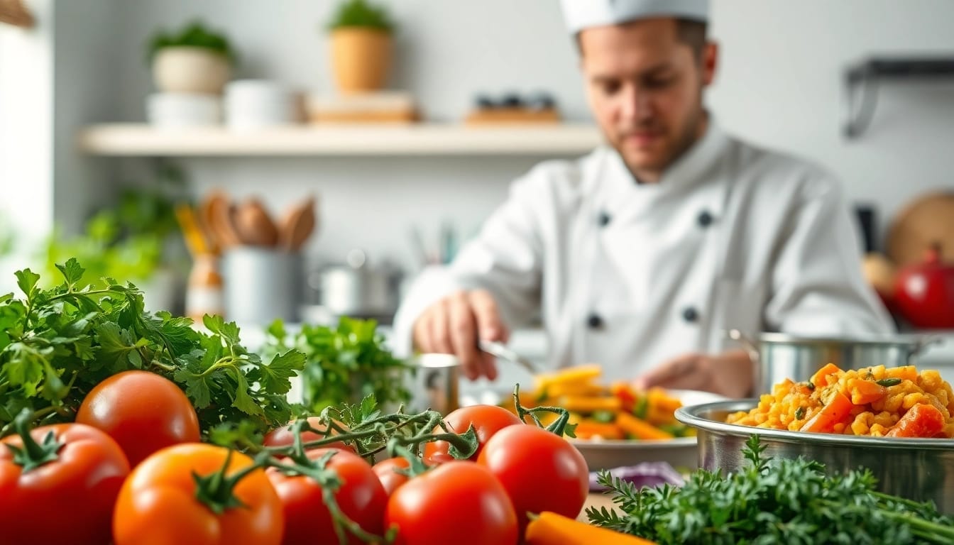 Prepare delicious dishes at dishfacts with a skilled chef in a vibrant kitchen setting.