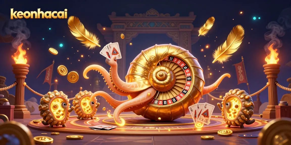 Experience the keonhacai magic with an ancient nautilus roulette and glowing ammonite companions in a vibrant casino scene.