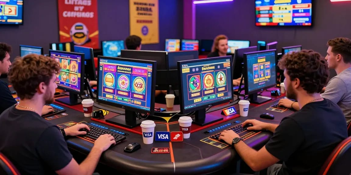 Exciting online casino scene at https://scoarch.org.uk with players using credit cards for gaming.
