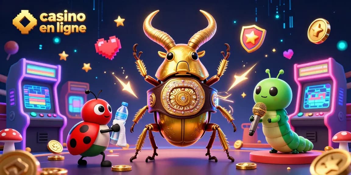 Jouez au casino crypto en ligne avec une illustration dynamique d'un scarabée doré et de machines à sous colorées.