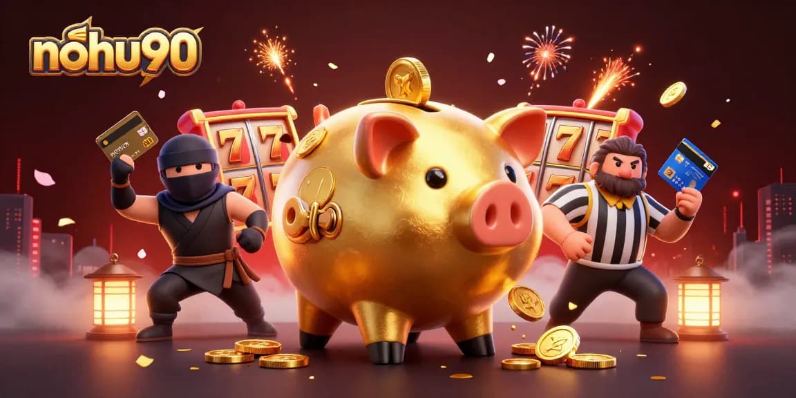 Experience the thrill of nohu90 with a dynamic casino scene featuring fun characters and rich gaming elements.