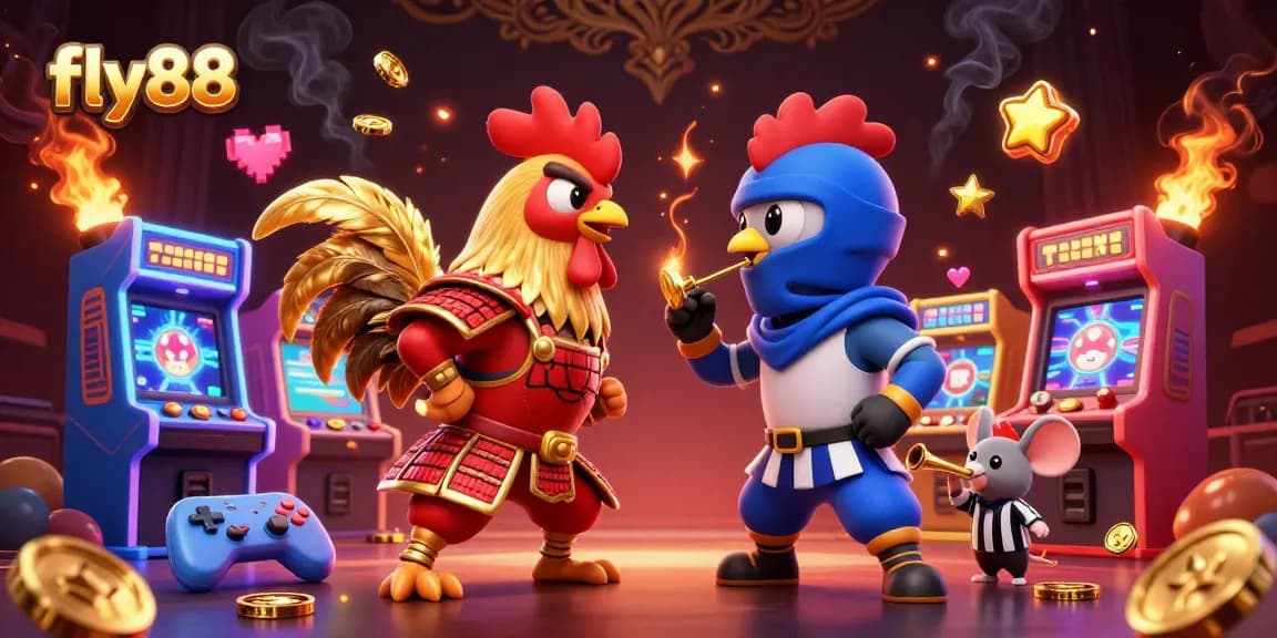 Engage with the thrill of fly88 as roosters face off in a dynamic gambling scene filled with vibrant casino elements.