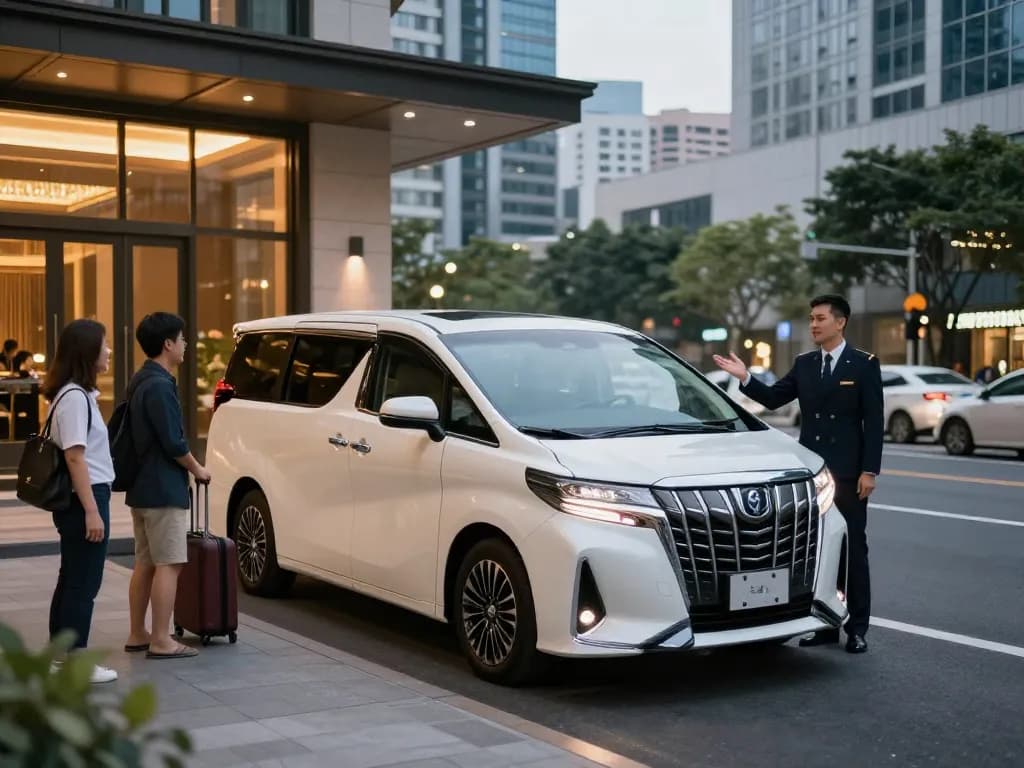 cho thuê xe Toyota Alphard với tài xế chuyên nghiệp trong không gian đô thị sang trọng.